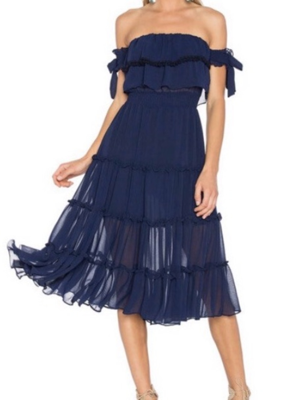 Misa Los Angeles Micaela Off-Shoulder Navy Tiered Ruffle Midi Dress 💙